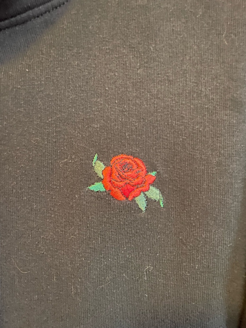 H&M Black Crewneck Hoodie with Small Red Rose Embroidery floral gothic chic - Picture 5 of 6